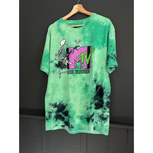MTV Skeleton Tee Shirt Green Black Tie Dye Music Television Retro T Shirt Large - Picture 6 of 6